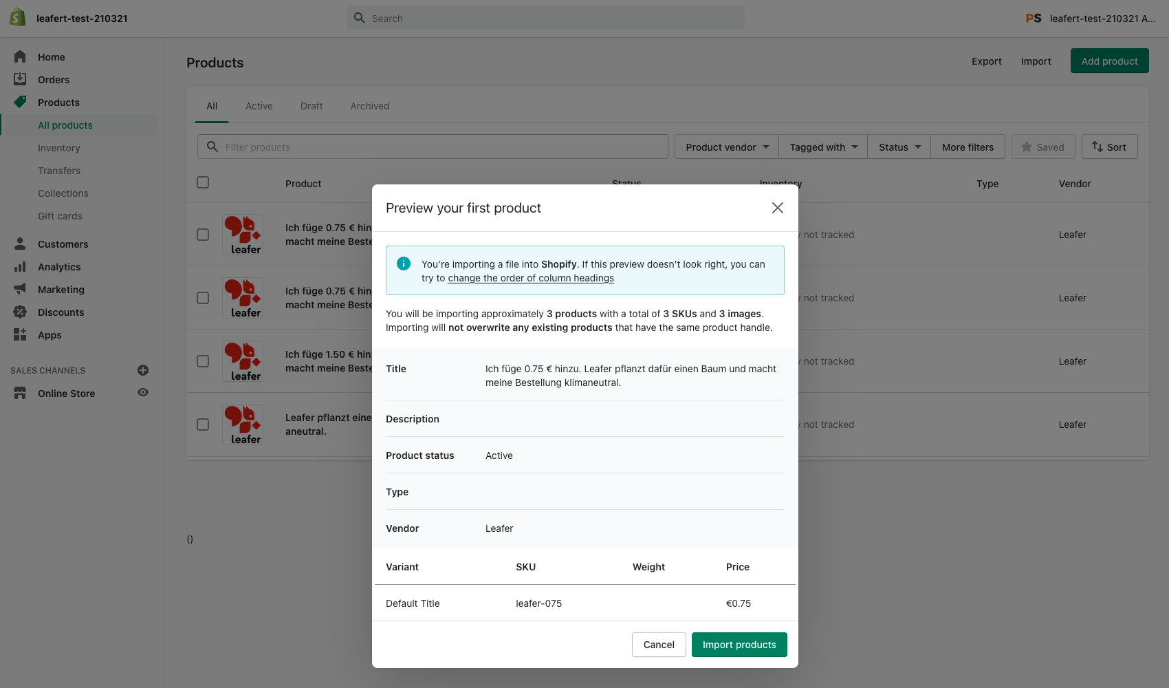 Leafer Shopify import bestätigen
